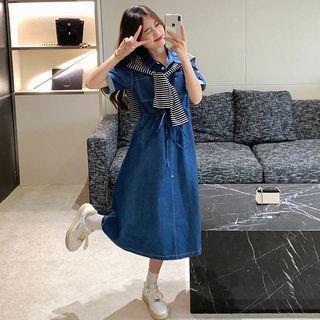 Elbow-sleeve Denim Midi A-line Dress / Shawl