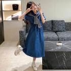 Elbow-sleeve Denim Midi A-line Dress / Shawl