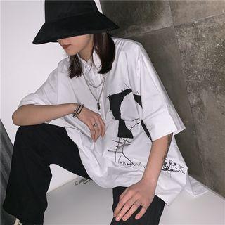 Elbow-sleeve Oversized Placket Shirt White - One Size