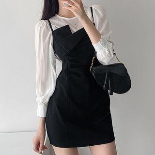 Set: 3/4-sleeve Blouse + Mini Overall Dress