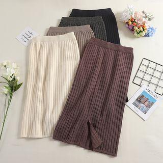 Straight Cut Slit-front Midi Knit Skirt