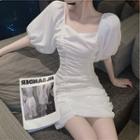 Puff-sleeve Ruched Mini Bodycon Dress