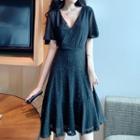 Short-sleeve V-neck Cutout Drawstring Dress
