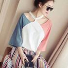 3/4 Sleeve Cutout Color Block T-shirt