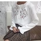 Ruffle Trim Embroidered Long-sleeve Top
