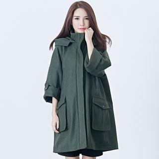 Pocketed Hooded Woolen Coat