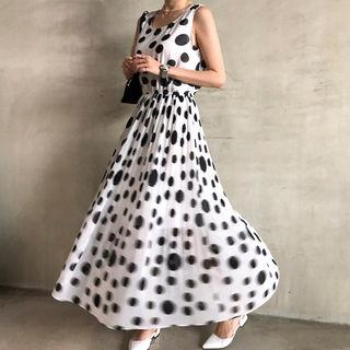 Dot Chiffon Gathered Maxi Tank Dress