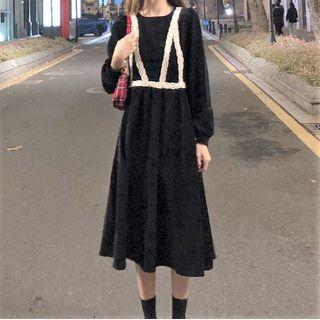 Long-sleeve Embellished Midi A-line Dress Black - One Size