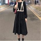 Long-sleeve Embellished Midi A-line Dress Black - One Size