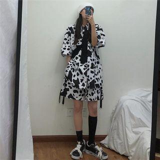 Elbow-sleeve Cow Print Shirt With Tie / Cow Print Wide-leg Shorts