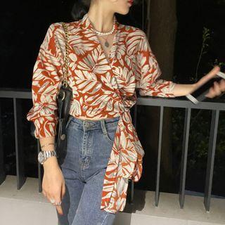Flower Print Wrap Cropped Blouse Dark Orange - One Size