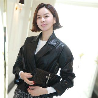 Drawstring-waist Faux-leather Jacket