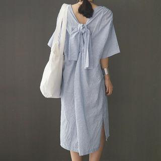 Beribboned-back Stripe Midi Shift Dress