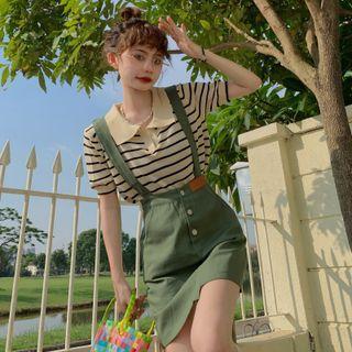 Mini A-line Suspender Skirt / Short-sleeve Striped Knit Top
