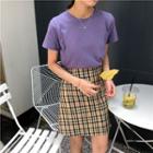 Plain Short-sleeve T-shirt / Plaid Mini Skirt