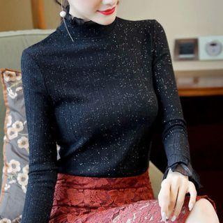Long-sleeve Mock-neck Glitter Lace Top