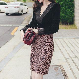 Long-sleeve Lace Trim Blouse / High-waist Leopard Skirt