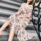 Floral Elbow-sleeve Midi Chiffon Dress