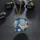 Deer Print Disc Pendant Necklace Blue - One Size