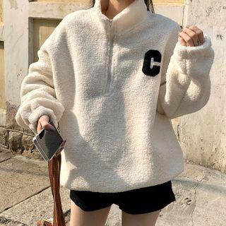 Lettering Faux Leather Half-zip Sweatshirt