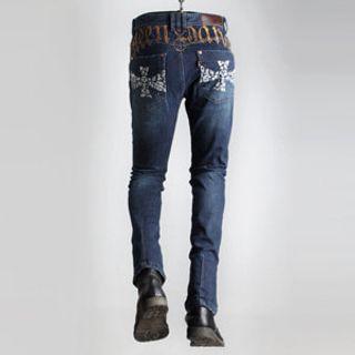 Skull-embroidered Washed Straight-cut Jeans
