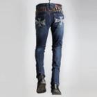 Skull-embroidered Washed Straight-cut Jeans