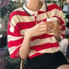 Striped Elbow-sleeve Polo Shirt Stripe - Red - One Size