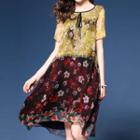 Floral Print Color Block Short-sleeve Chiffon Dress