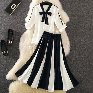 Set: Tie-neck Elbow-sleeve Blouse + Striped A-line Midi Skirt