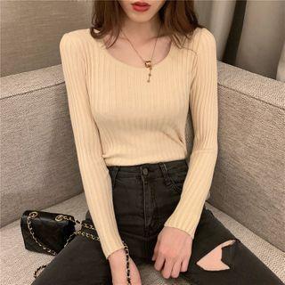 Square Neck Plain Striped Knit Long-sleeve Top
