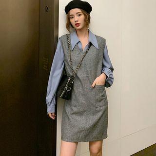 Set: Chiffon Blouse + V-neck Pinafore Dress