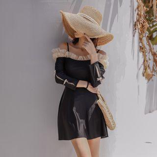 Bow Detail Mesh Panel 3/4-sleeve Swimdress