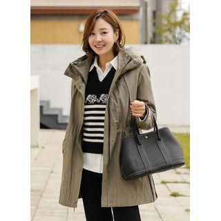 Hooded Drawstring Zip-detail Jacket Khaki - One Size