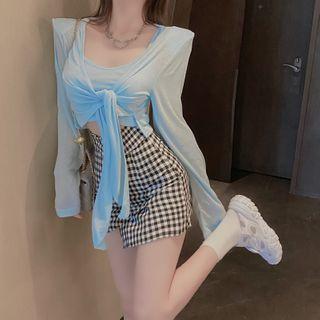 Front Knot Jacket / Spaghetti Strap Top / Plaid Mini Fitted Skirt / Set