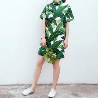 Leaf Print Short-sleeve Cheongsam
