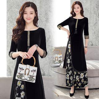 Set: 3/4-sleeve Slit Top + Floral Wide Leg Pants