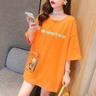 Lettering Cartoon Print Pocket Elbow-sleeve T-shirt