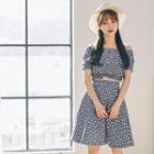 Set : Floral Print Off-shoulder Top + Skirt