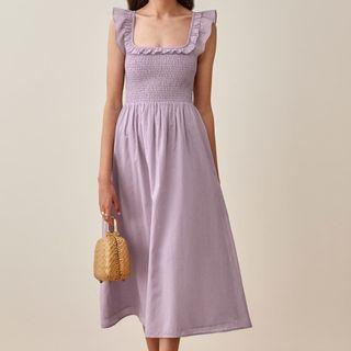 Sleeveless Frill Trim Shirred Midi A-line Dress
