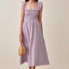Sleeveless Frill Trim Shirred Midi A-line Dress