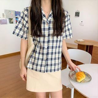 Plaid Elbow-sleeve Shirt Navy Blue - One Size