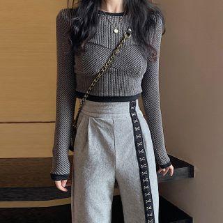Embroidered Wide-leg Pants / Long-sleeve Ribbed Top