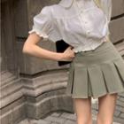 Frilled Trim Cropped Blouse / Plain Pleated Skirt