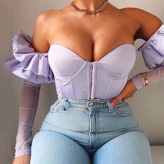 Off-shoulder Ruffle Trim Mesh Panel Crop Top