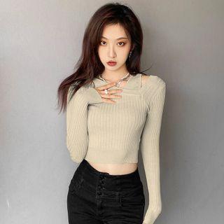 Long-sleeve Irregular Cropped Knit Top Almond - One Size