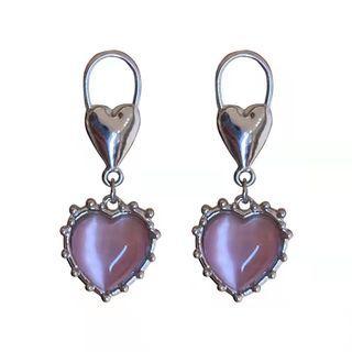 Heart Faux Cat Eye Stone Alloy Dangle Earring 1 Pair - Silver & Pink - One Size