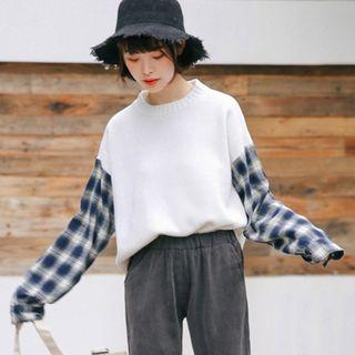 Plaid Panel Sweater Plaid - Blue & White - One Size