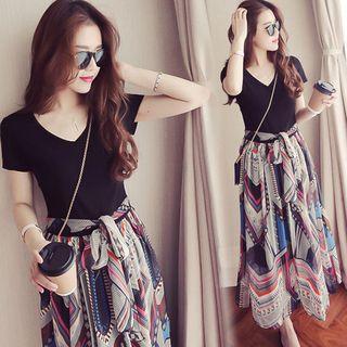 Short-sleeve Print Chiffon Maxi Dress
