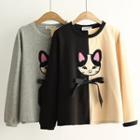 Cat Embroidered Color Panel Pullover
