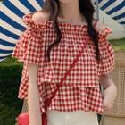 Cold-shoulder Ruffled Ginghams Blouse